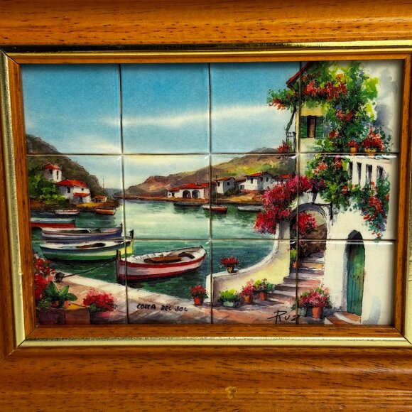 Glazed Tile 1.25" Paint of Mediterranean Coastal Scene Costa Del Sol Ruz Spain - Picture 2 of 14